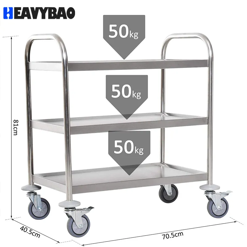 Профессиональная нержавеющая сталь Heavybao 3-слойная коммерческая кухня Рабочая тележка 2