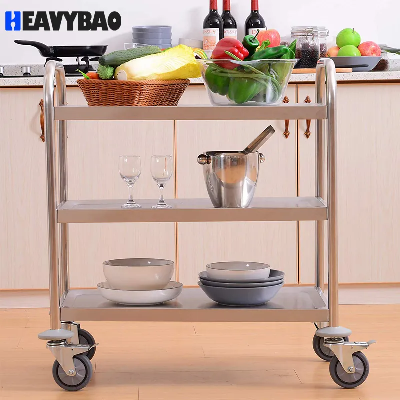Профессиональная нержавеющая сталь Heavybao 3-слойная коммерческая кухня Рабочая тележка 3