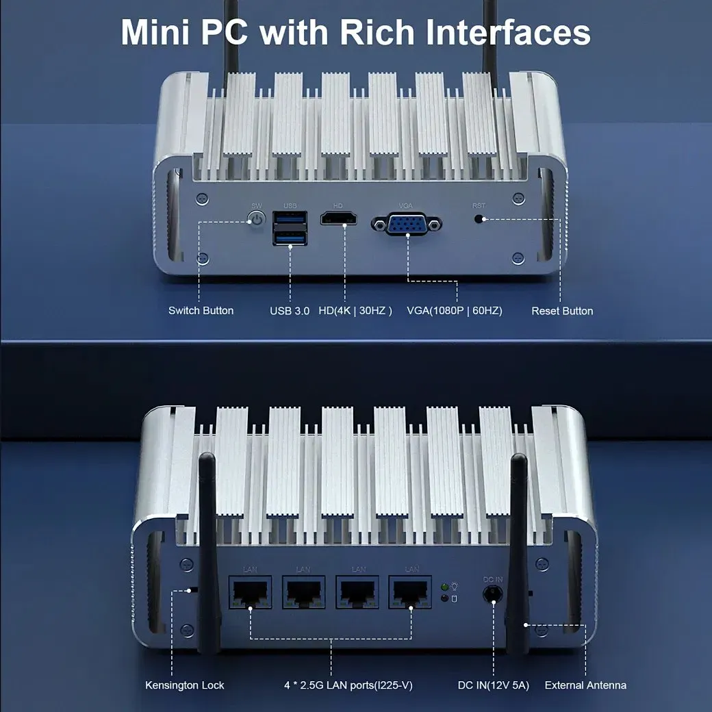 Мини-компьютер Hystou без вентилятора 4 Ethernet J4125 Pfsense VPN межсетевой экран портативный ПК 3
