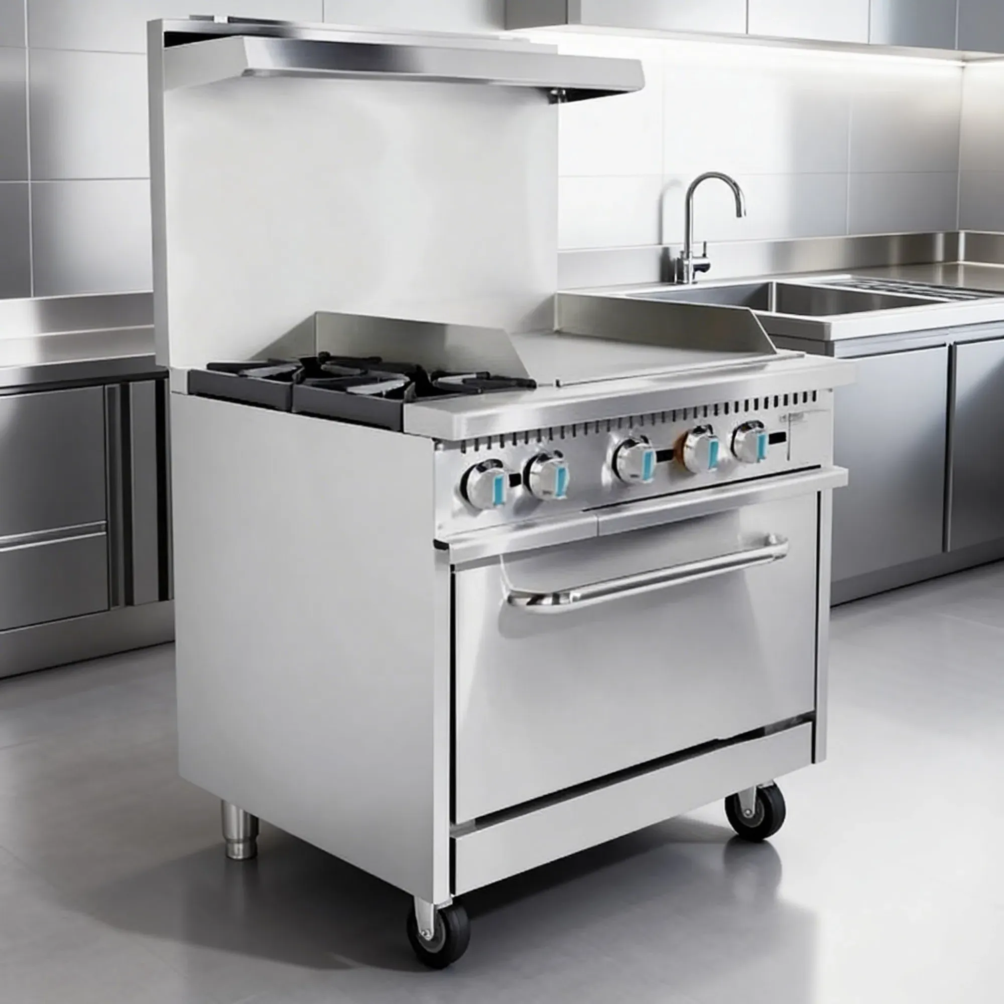 Коммерческая газовая плита с сковородой и духовкой